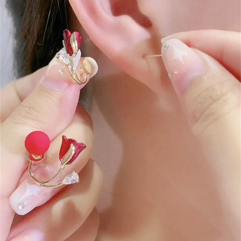 Korean Red Rose Stud Earring Fashion Imitation Pearl Flower Earrings for Woman Party Jewelry Christmas Gift New Arrivals - Image 4