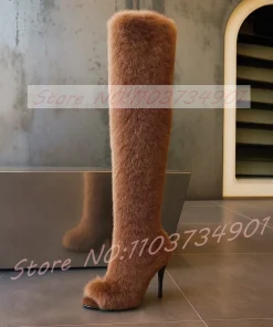 Open Toe Over The Knee Boots Women Big Size Fashion Slip-On Fluffy Fur Warm Comfortable High Heels Shoes Lady Nifty Sexy Boots - Image 6