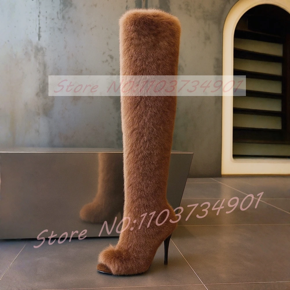 Open Toe Over The Knee Boots Women Big Size Fashion Slip-On Fluffy Fur Warm Comfortable High Heels Shoes Lady Nifty Sexy Boots - Image 6