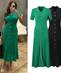 YuooMuoo Brand Fashion Vintage Turn-down Collar Knit Maxi Dress Elegant Single-breasted A-line Long Shirt Dress Lady Vestidos