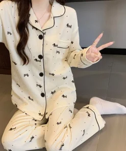 Two-Piece Set Ladies Pajamas Set Long-Sleeved Cartoon Sweet Cute Print Cardigan Home Wear Simple Sleepwear Winter Autumn New - Image 6