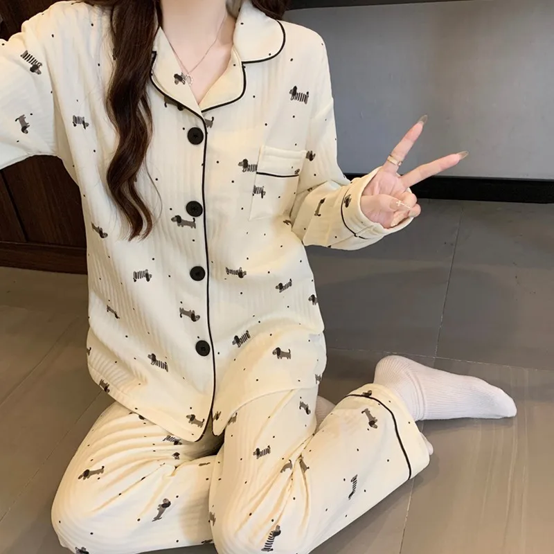 Two-Piece Set Ladies Pajamas Set Long-Sleeved Cartoon Sweet Cute Print Cardigan Home Wear Simple Sleepwear Winter Autumn New - Image 6