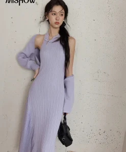 MISHOW Knit Dress Set Women Slim New Chinese Knit Long Dress 2024 Fall New Gentle Elegant Knit Long Sleeve Cardigan MXD48T0436 - Image 4