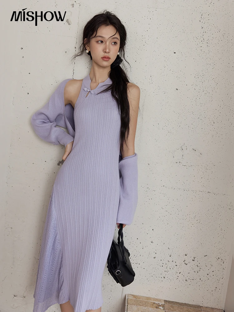 MISHOW Knit Dress Set Women Slim New Chinese Knit Long Dress 2024 Fall New Gentle Elegant Knit Long Sleeve Cardigan MXD48T0436 - Image 4