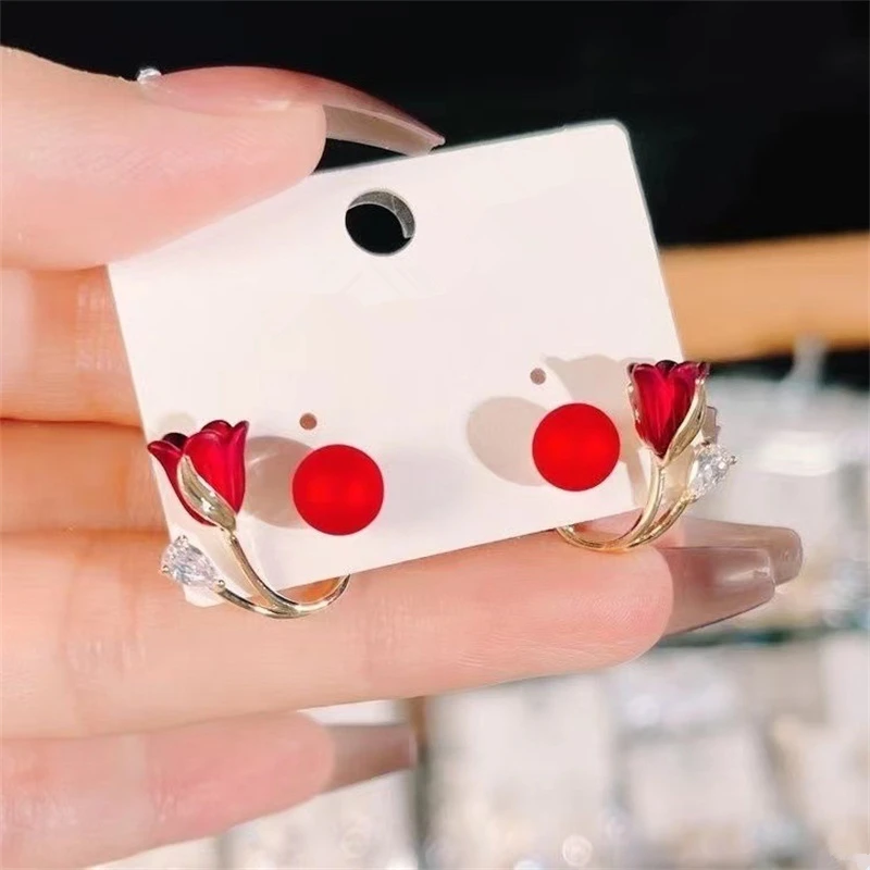 Korean Red Rose Stud Earring Fashion Imitation Pearl Flower Earrings for Woman Party Jewelry Christmas Gift New Arrivals - Image 5