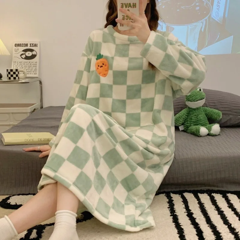Ladies Nightwear Nightdress Autumn and Winter Coral Velvet Long Sleeve Plaid Dress Striped Student Flannel Dress Large Size - Image 3
