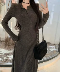 Smvp Elegant Slim High Waist Knit Dresses Women Autumn Winter Long Sleeve Thick Warm Long Dress Vintage Streetwear Vestidos - Image 5