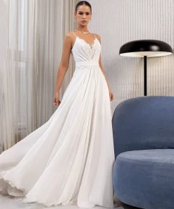 Summer Wedding Dress Customized Spaghetti Straps V Neck Pleat Lace Sweep Train A Line Chiffon Bridal Gown Beach Bride Dresses - Image 4