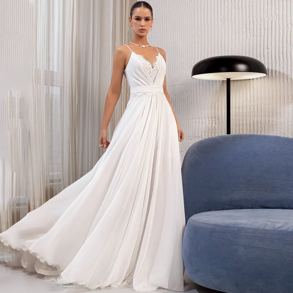Summer Wedding Dress Customized Spaghetti Straps V Neck Pleat Lace Sweep Train A Line Chiffon Bridal Gown Beach Bride Dresses - Image 4