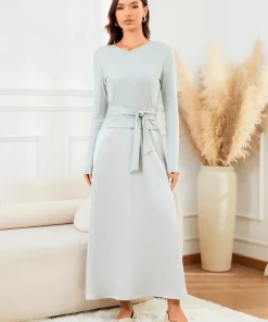 VEITCHE 2025 Fashion Women Long Dress Suit Cotton V-Neck knitted Top with Belt + Satin Solid Color Strap Long Skirt - Image 3