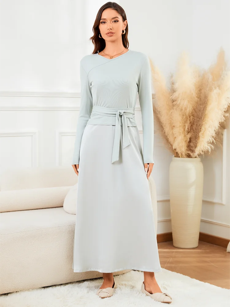VEITCHE 2025 Fashion Women Long Dress Suit Cotton V-Neck knitted Top with Belt + Satin Solid Color Strap Long Skirt - Image 3