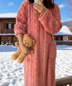 Winter New Long Warm Loose Fit Pocket Coral Fleece Pajama Set Nightgown Sleep Robe for Women Home Wear - Image 4