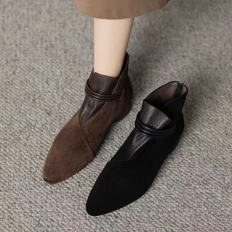 2025 Autumn Winter New Women's Korean Style Pointed Toe Ankle Boots - Chunky Heel Minimalist Fashion Boots Back Zipper Design