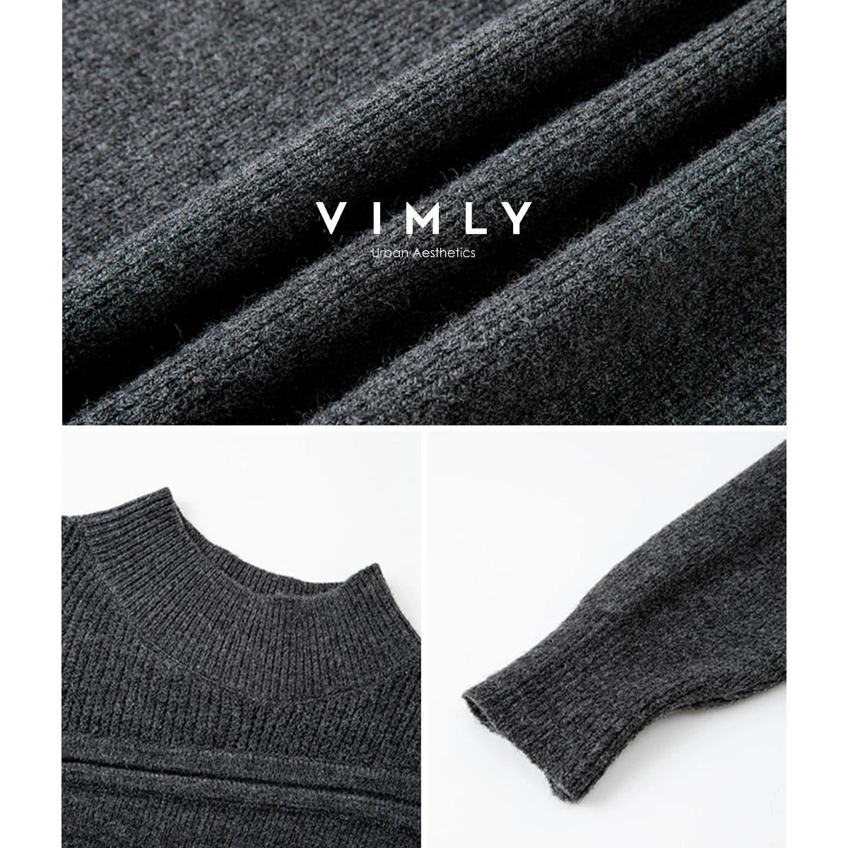 VIMLY Gray Dresses Woman Elegant 2025 Autumn Knitted Mock Neck Paneled Midi Lady Dress Straight Wool Blend Female Dresses 75187 - Image 5