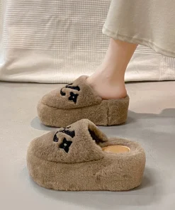 Alternative view of 2025 Autumn & Winter New Platform Thick-Soled Mule Furry Slippers - High-Heel, Warm Cotton Slippers for Indoor & Outdoor Wear