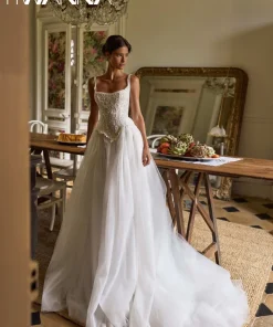 New Arrival Charming Appliques Wedding Dress Shinny Beaded Thin Straps Bridal Gown Customized A-line Tulle Dresses For Bride - Image 4