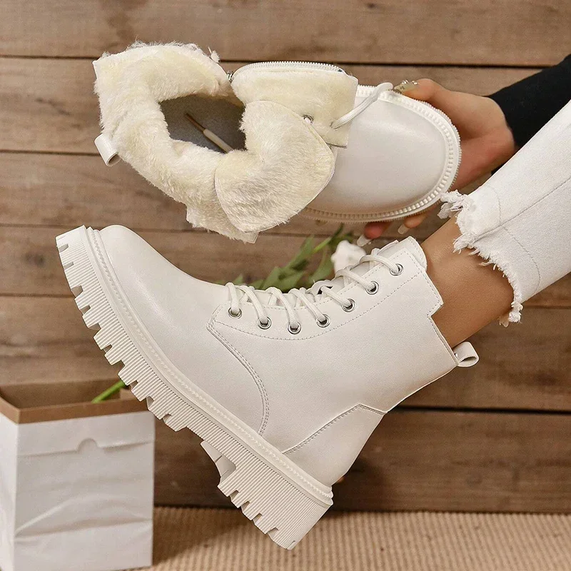 Winter Warm Short Plush Ankle Boots Women Fashion Zip Lace Up Platform Combat Boots Woman Comfy Low Heels Pu Leather Botas Mujer - Image 2