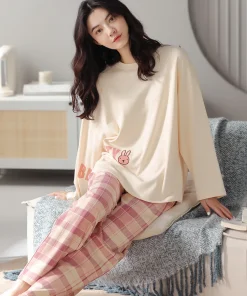 100% Cotton Sleepwear, Women's Autumn and Winter Long-Sleeved Pants, Cute Cartoon Pure Cotton Plus Size Women's Home Suit Set - Image 3