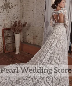 Exquisite Lace Deep V-Neck Backless Wedding Dress Boho Illusion with Long Sleeve Jacket Custom Romantic A-Line Floor Length - Image 3