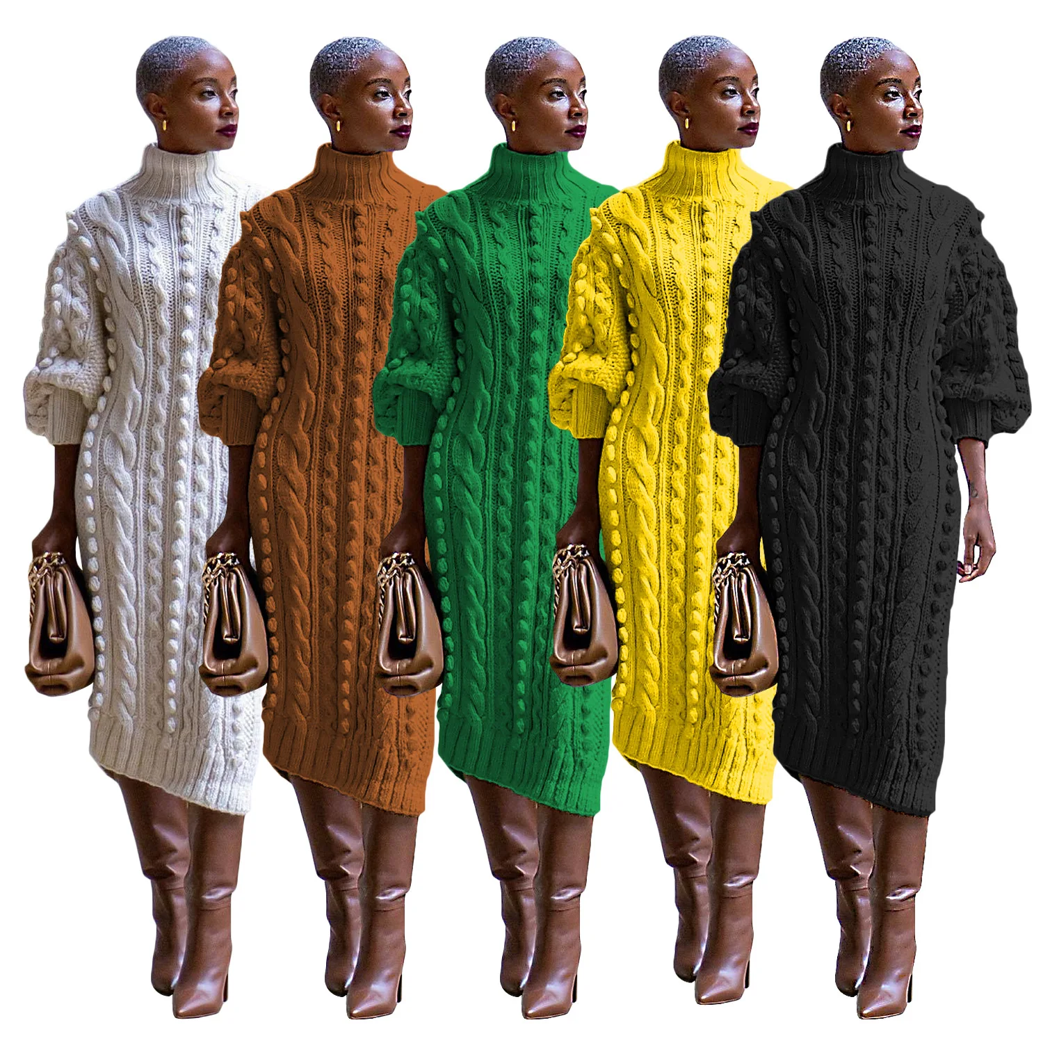Turtleneck Knitted Jumpers Dress Long Sleeve Ankle Length Casual Dresses Loose Fit Spliced Vestidos Straight Solid Pullover
