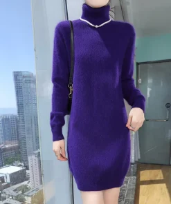 New hot selling 100% mink cashmere knitted women's high neck pullover dress sweater slim fit solid color long women's dress - Image 5