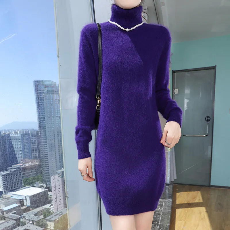 New hot selling 100% mink cashmere knitted women's high neck pullover dress sweater slim fit solid color long women's dress - Image 5