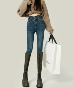 High Waisted Plush Lined Jeans for Women Tight Stretch Denim Pencil Pants Autumn Winter 2025 New Slimming Style - Image 3