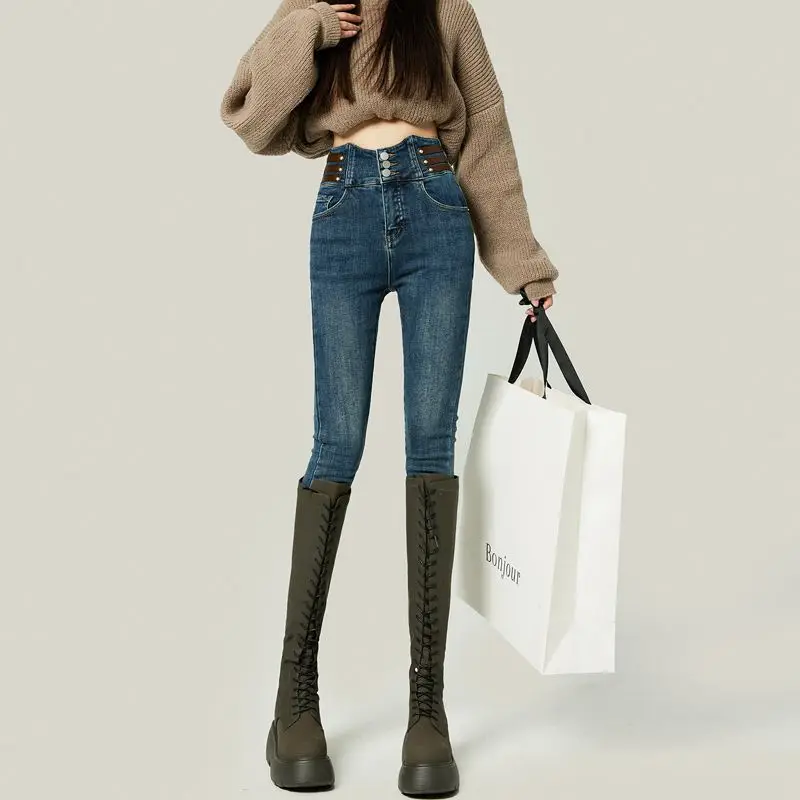 High Waisted Plush Lined Jeans for Women Tight Stretch Denim Pencil Pants Autumn Winter 2025 New Slimming Style - Image 3
