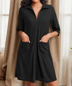 Womens Autumn and Winter Robe Three-Quarter Sleeve Zip-Up Short Style Pocket Design Soft and Warm Home Nightgown - Image 3