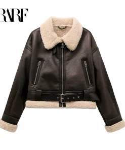 RARF 2024 New Woman's Fashion Thick Warm Faux Shearling Jacket Coat Vintage Long Sleeve Belt Hem Female Outerw