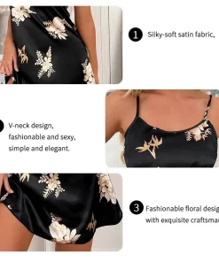 Women Nightwear Home Clothes Sexy Black Floral Printing Nightdress Sleepwear Nightshirts Silk Sleepshirts Nightgowns For Woman - Image 5