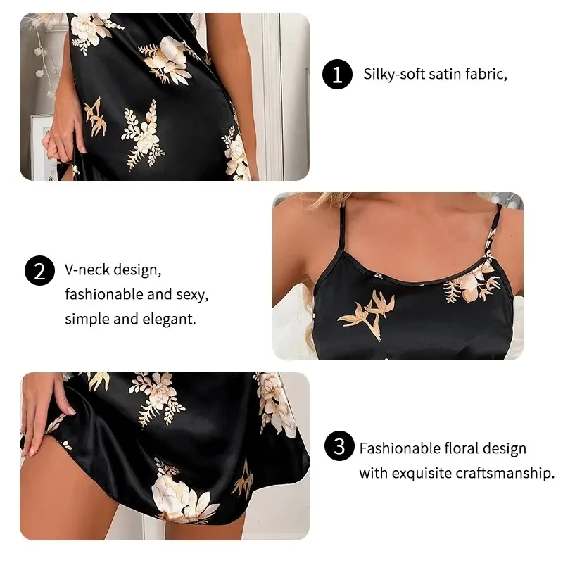 Women Nightwear Home Clothes Sexy Black Floral Printing Nightdress Sleepwear Nightshirts Silk Sleepshirts Nightgowns For Woman - Image 5