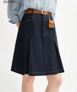 DUSHU Women's High Waist A-line Denim Skirt 2025 Autumn New Arrival Style Contrast Color Retro Denim Skirt No Belt 25DS83098