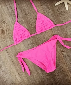 4 Color Brand 2023 Summer Girls Swimwear Soild Baby Kids Swimwear Biquini Infantil Swimsuits Falbala Bikini Girl For 6-14years - Image 4