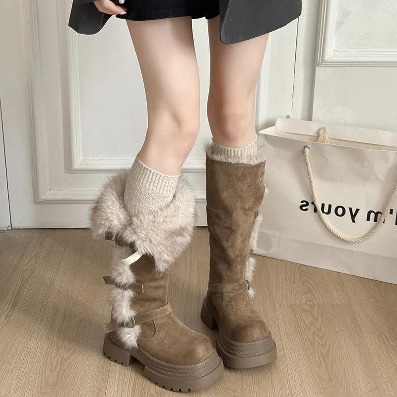 Winter Platform Thick Bottom Fur Lining Woman Knight High Boots Fashion Belt Buckle Stripper Party Shoes Female Long Booties - Image 2