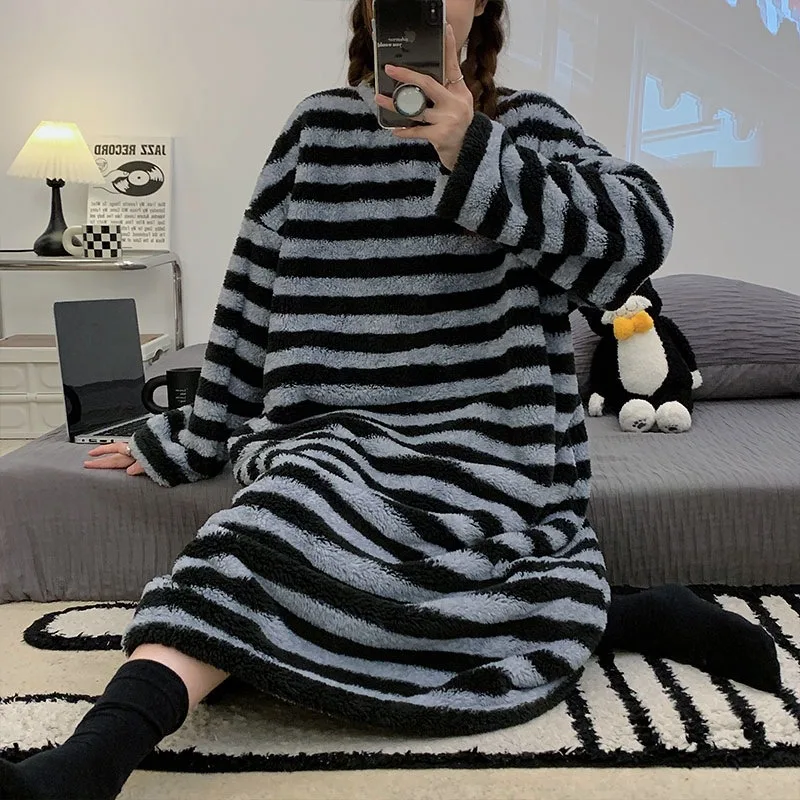 Ladies Nightwear Nightdress Autumn and Winter Coral Velvet Long Sleeve Plaid Dress Striped Student Flannel Dress Large Size - Image 5