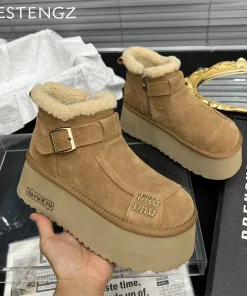 2024 New Fur Platform Women Ankle Boots Flats Suede Warm Shoes Woman Trend Designer Brand Short Plush Cozy Femme Snow Botas - Image 3