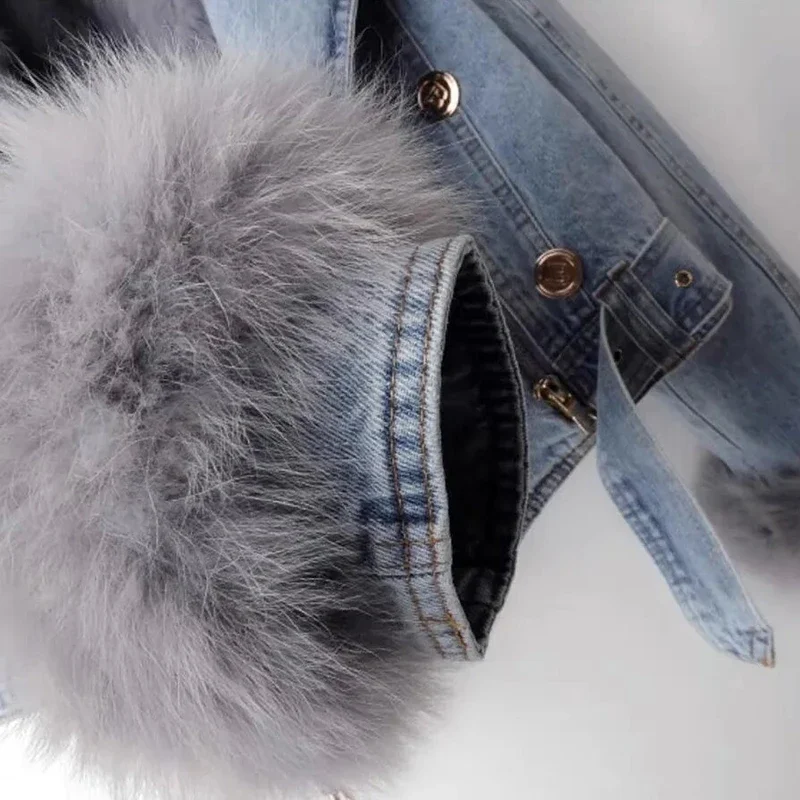 New Winter Denim Jacket Women Fashion Overcoat Faux Fox Fur Collar Jean Coat Female Short Warm Parkas Rabbit Hair Lining Outwear - Image 6