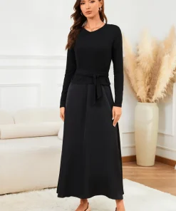 VEITCHE 2025 Fashion Women Long Dress Suit Cotton V-Neck knitted Top with Belt + Satin Solid Color Strap Long Skirt