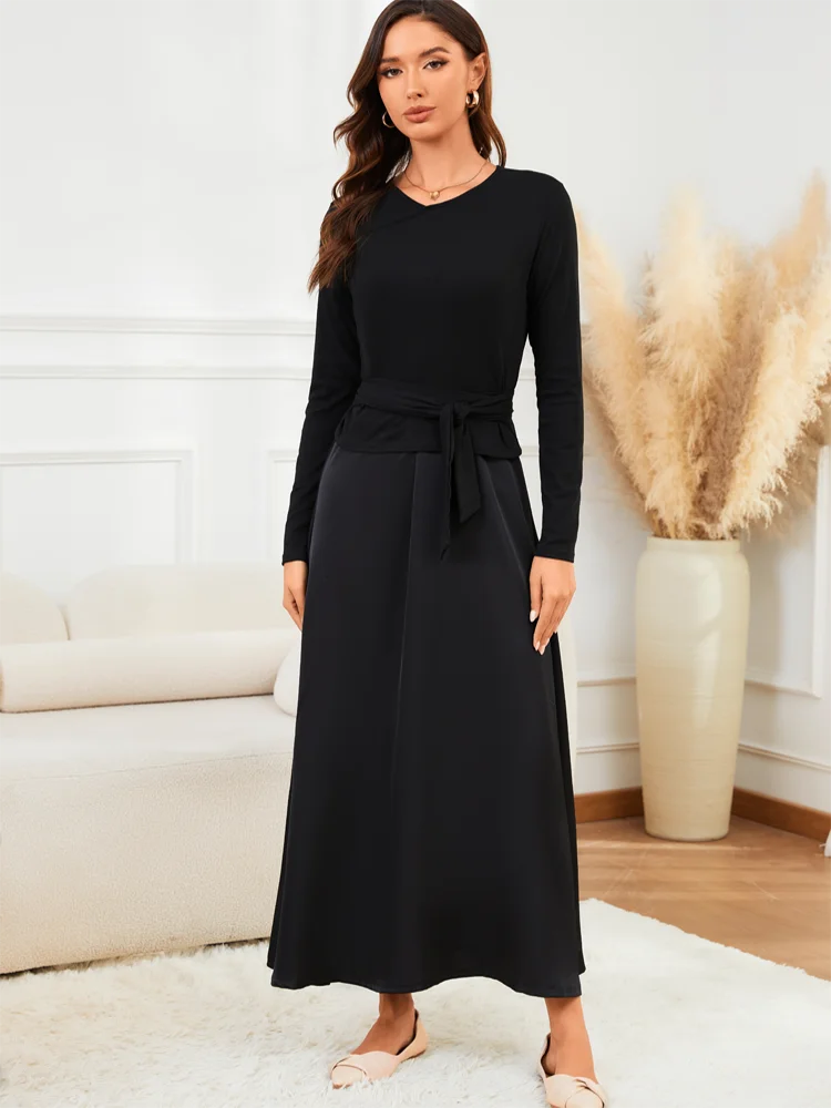 VEITCHE 2025 Fashion Women Long Dress Suit Cotton V-Neck knitted Top with Belt + Satin Solid Color Strap Long Skirt