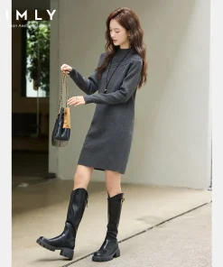 VIMLY Gray Dresses Woman Elegant 2025 Autumn Knitted Mock Neck Paneled Midi Lady Dress Straight Wool Blend Female Dresses 75187 - Image 4