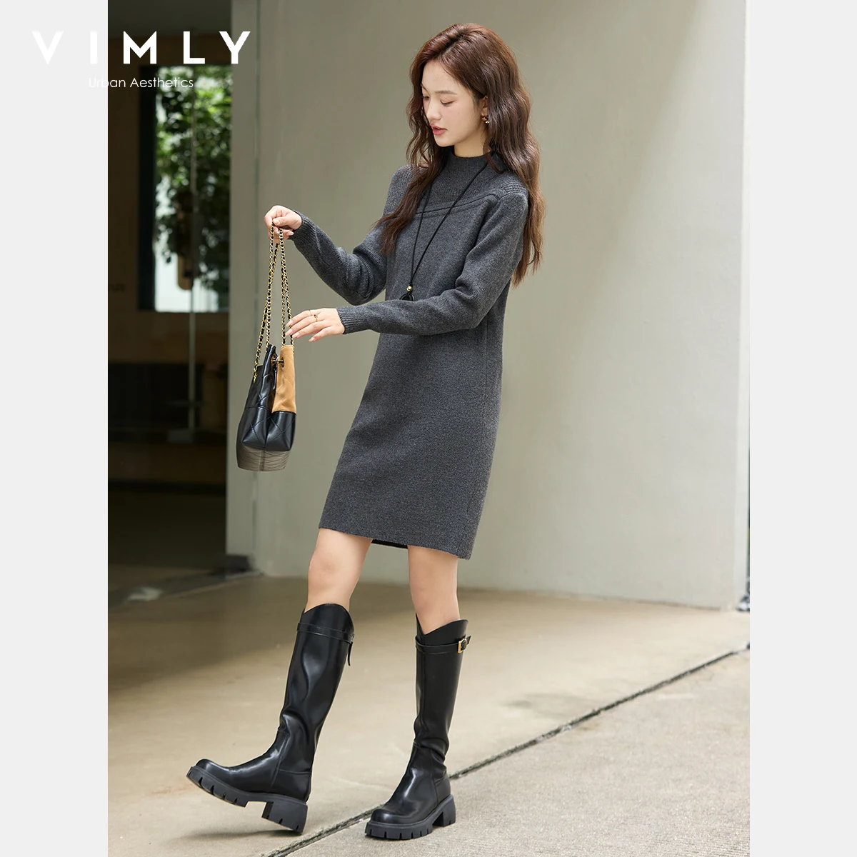 VIMLY Gray Dresses Woman Elegant 2025 Autumn Knitted Mock Neck Paneled Midi Lady Dress Straight Wool Blend Female Dresses 75187 - Image 4