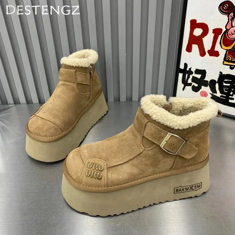 2024 New Fur Platform Women Ankle Boots Flats Suede Warm Shoes Woman Trend Designer Brand Short Plush Cozy Femme Snow Botas - Image 4