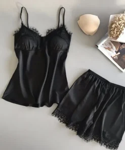 Women Pajama Suit Fashion V-Neck Lace Sexy Lingerie Pyjamas Sleep Shorts Set Sleepwear New - Image 3