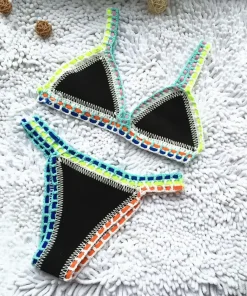 2 Pcs/Set Summer Bikini Set Bathing Suit Bright Color Patchwork Beachwear Handmade Crochet Women Swimsuit for Beach - Image 5