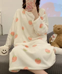 Ladies Nightwear Nightdress Autumn and Winter Coral Velvet Long Sleeve Plaid Dress Striped Student Flannel Dress Large Size - Image 4