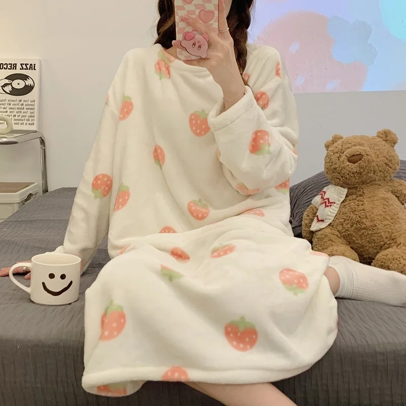 Ladies Nightwear Nightdress Autumn and Winter Coral Velvet Long Sleeve Plaid Dress Striped Student Flannel Dress Large Size - Image 4