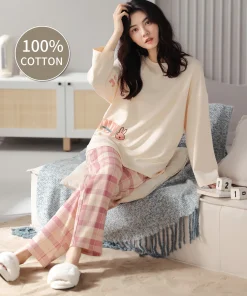 100% Cotton Sleepwear, Women's Autumn and Winter Long-Sleeved Pants, Cute Cartoon Pure Cotton Plus Size Women's Home Suit Set