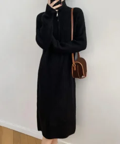 Winter Sweater Dress Zippered Turn-down Collar Long Sleeves Loose Knitted Pure Color Striped Texture Midi Dress - Image 4