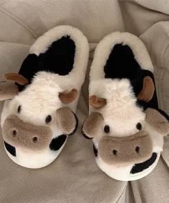 Comwarm Cute Furry Slipper For Women Girls Winter Fashion Milk Cow Fluffy Warm Slippers Woman Cartoon Animal Home Cotton Shoes - Image 3